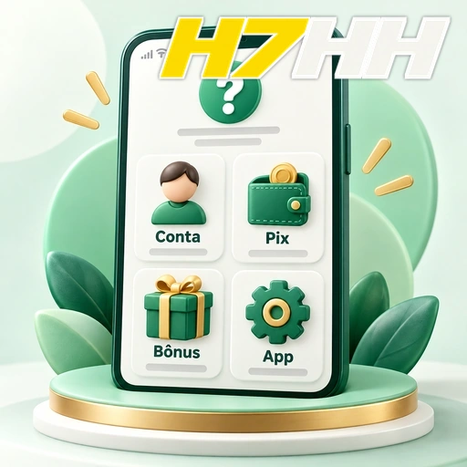H7HH — ilustração de celular com categorias de ajuda sobre conta, Pix, bônus e aplicativo