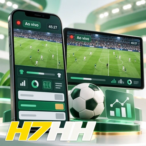 H7HH — ilustração de celular e tablet com uma partida de futebol ao vivo
