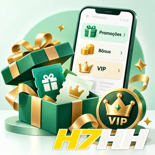 H7HH — ilustração de presentes, promoções e símbolo VIP ao lado de um celular