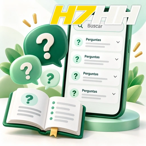 H7HH — ilustração de perguntas frequentes no celular com busca e pontos de interrogação