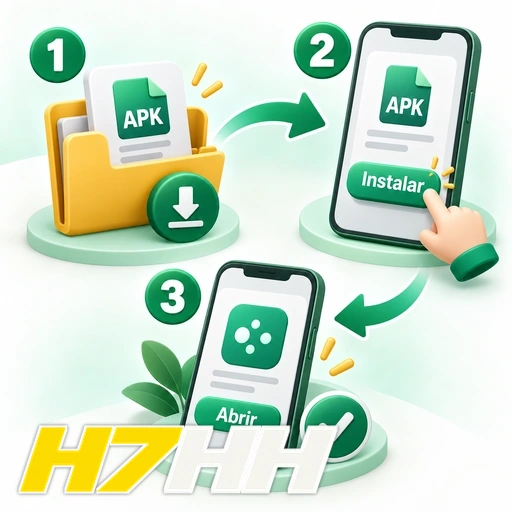 H7HH — ilustração das etapas de baixar, instalar e abrir um APK no celular