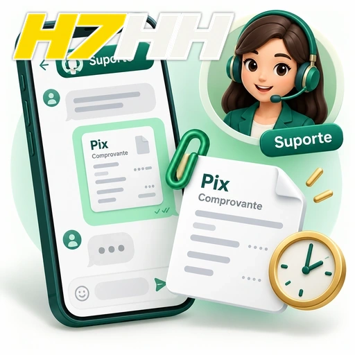H7HH — ilustração de atendimento por chat com comprovante Pix e relógio