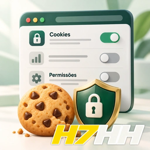 H7HH — ilustração de configurações de cookies e permissões com escudo e cadeado