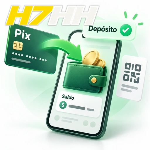 H7HH — ilustração de depósito Pix com QR code, carteira e saldo no celular
