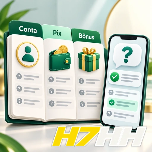 H7HH — ilustração de ajuda sobre conta, Pix e bônus em telas de celular