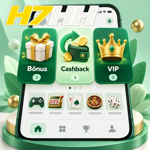 H7HH — ilustração de lobby de jogos com bônus, cashback e área VIP