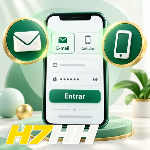 H7HH — ilustração de login no celular com opções de e-mail e número de telefone