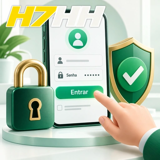 H7HH — ilustração de login no celular com cadeado e escudo de segurança