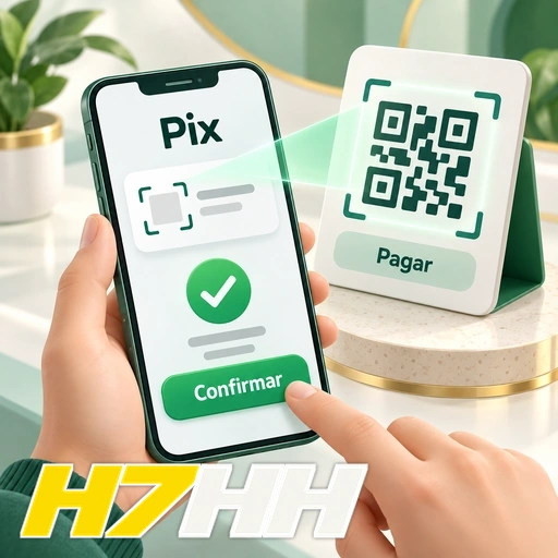 H7HH — ilustração de pagamento Pix no celular com QR code e confirmação