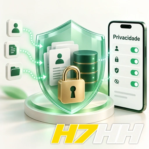 H7HH — ilustração de privacidade e proteção de dados com escudo, cadeado e celular