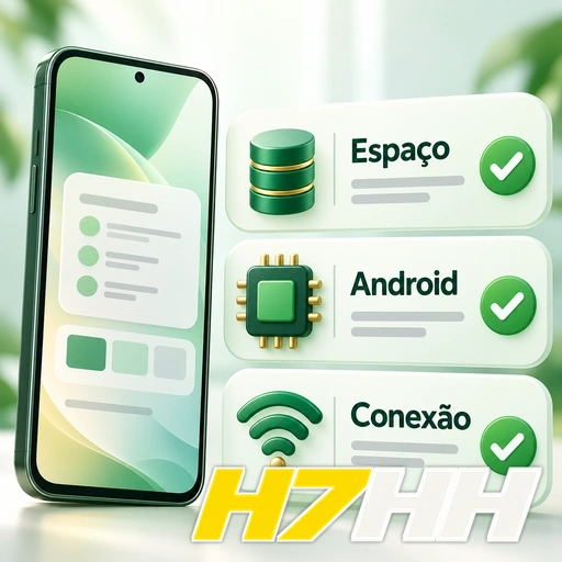 H7HH — ilustração dos requisitos de espaço, Android e conexão para o aplicativo