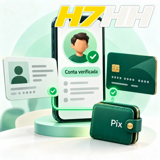 H7HH — ilustração de verificação de conta com documento de identidade, cartão e carteira Pix